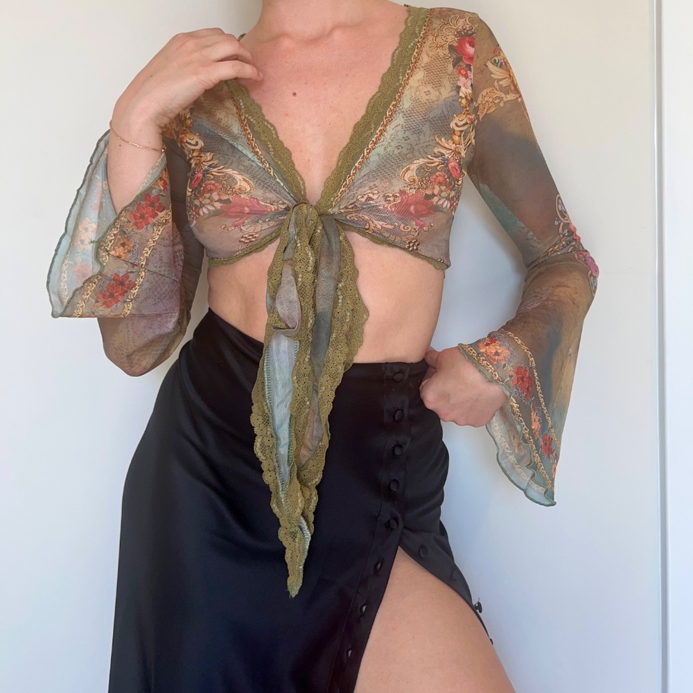 Wrap Mesh Top With Bell Sleeve
